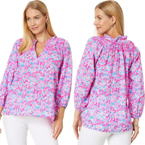 Lilly Pulitzer Lourdes Pink Baby Bloomer Floral 3/4 Sleeve Cotton Blouse Small - Picture 1 of 7